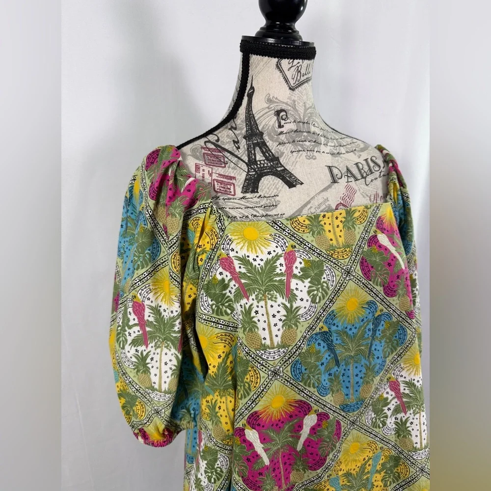 LOFT Tropical Floral Print Blouse Women’s M Boho Puff Sleeve Cotton Blend Top